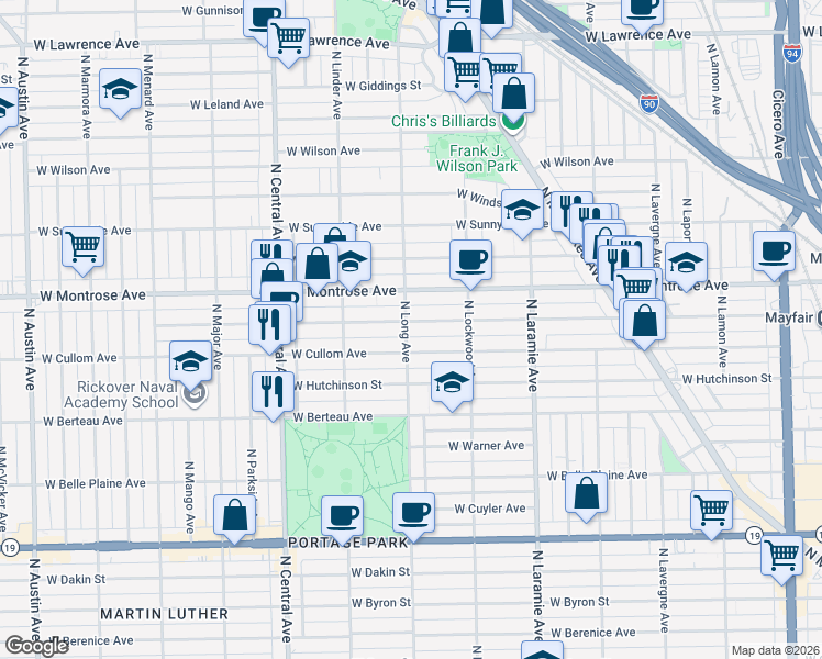 map of restaurants, bars, coffee shops, grocery stores, and more near 5355 West Pensacola Avenue in Chicago