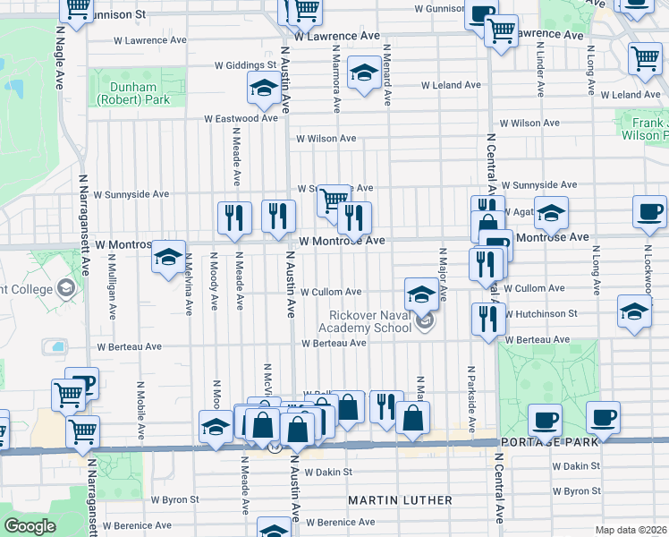 map of restaurants, bars, coffee shops, grocery stores, and more near 4329 North Mason Avenue in Chicago