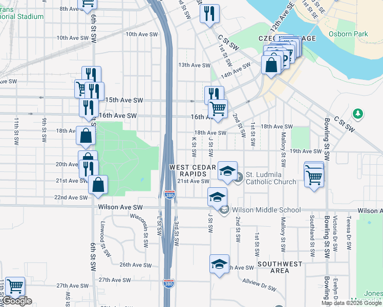 map of restaurants, bars, coffee shops, grocery stores, and more near 285 19th Avenue Southwest in Cedar Rapids