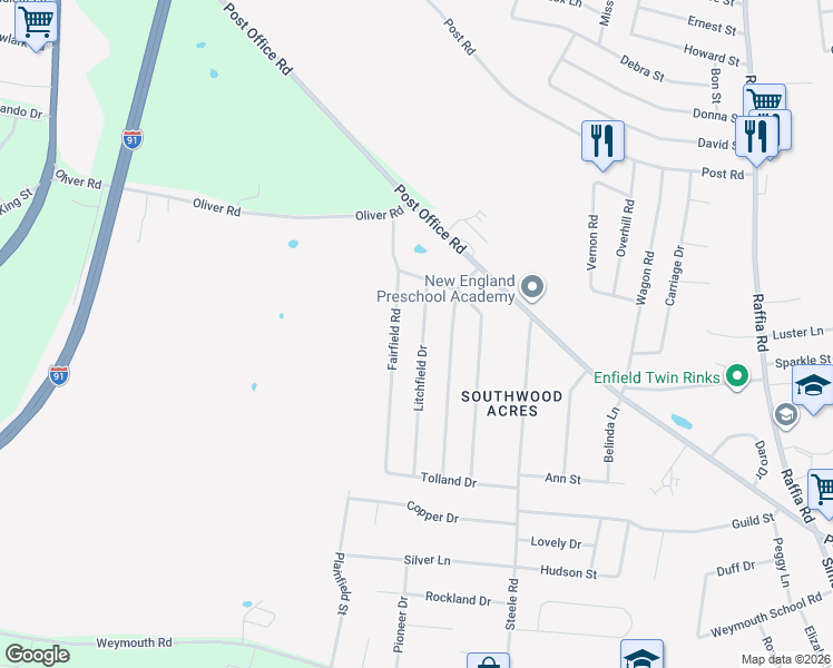 map of restaurants, bars, coffee shops, grocery stores, and more near 12 Litchfield Drive in Enfield