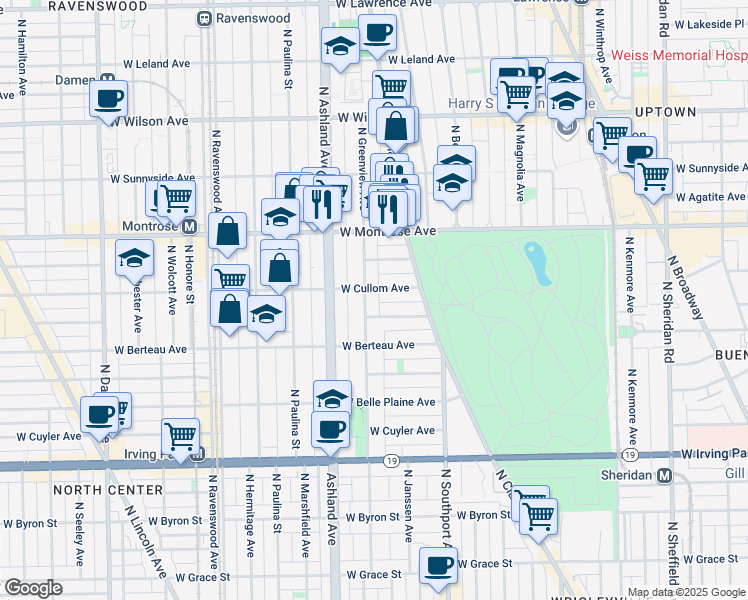map of restaurants, bars, coffee shops, grocery stores, and more near 4249 North Greenview Avenue in Chicago