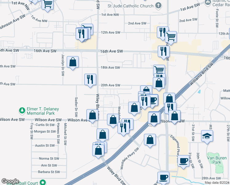 map of restaurants, bars, coffee shops, grocery stores, and more near 4004 21st Avenue Southwest in Cedar Rapids