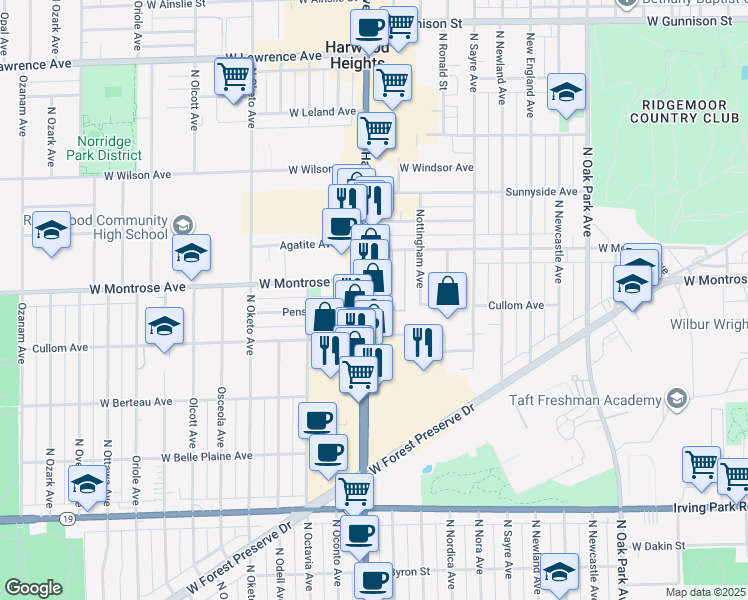 map of restaurants, bars, coffee shops, grocery stores, and more near 4321 North Harlem Avenue in Norridge