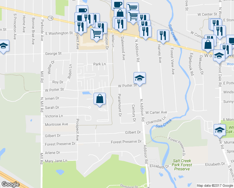map of restaurants, bars, coffee shops, grocery stores, and more near 182 Paramount Drive in Wood Dale