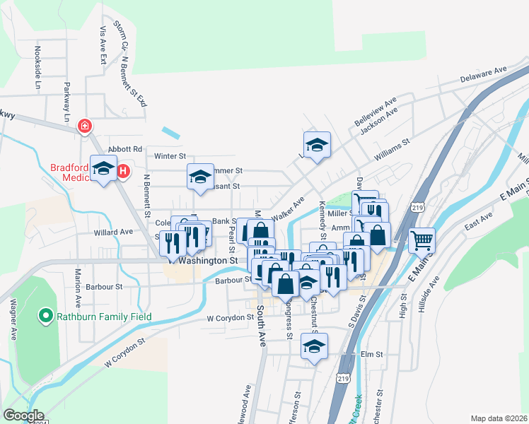 map of restaurants, bars, coffee shops, grocery stores, and more near 20 Jackson Avenue in Bradford