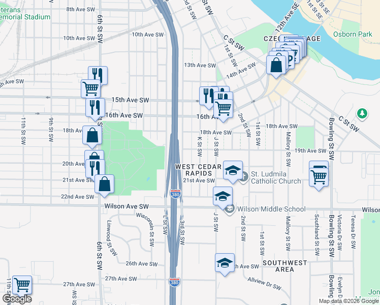 map of restaurants, bars, coffee shops, grocery stores, and more near 285 19th Ave SW in Cedar Rapids