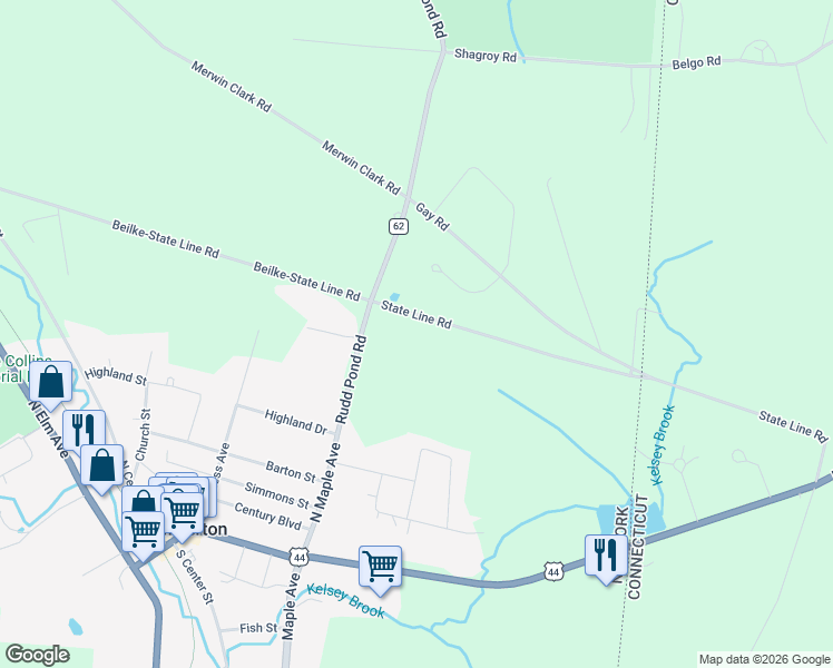 map of restaurants, bars, coffee shops, grocery stores, and more near 12 State Line Road in Millerton