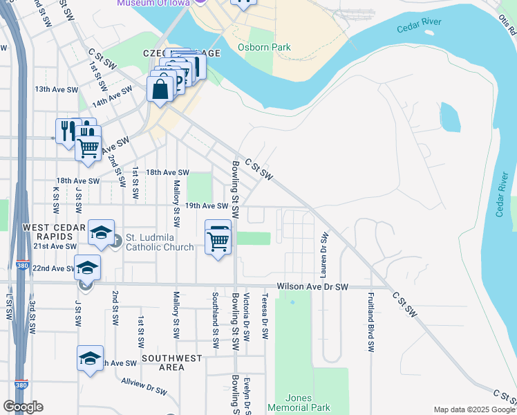 map of restaurants, bars, coffee shops, grocery stores, and more near 207 Hawthorne Drive Southwest in Cedar Rapids