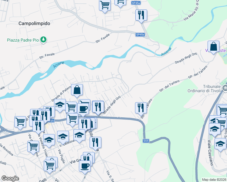 map of restaurants, bars, coffee shops, grocery stores, and more near 60 Via Molise in Tivoli