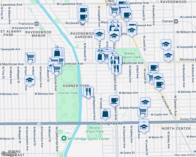map of restaurants, bars, coffee shops, grocery stores, and more near 2477 West Cullom Avenue in Chicago