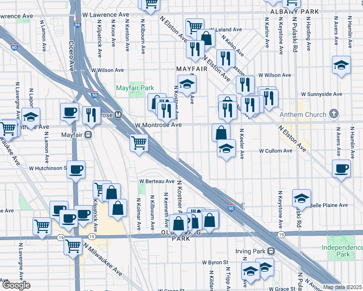 map of restaurants, bars, coffee shops, grocery stores, and more near 4313 North Kostner Avenue in Chicago