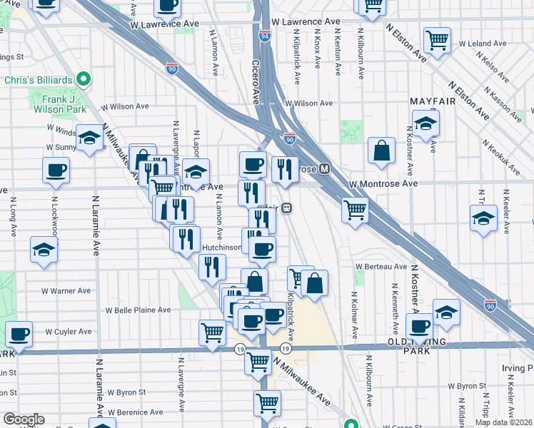 map of restaurants, bars, coffee shops, grocery stores, and more near 4321 North Cicero Avenue in Chicago