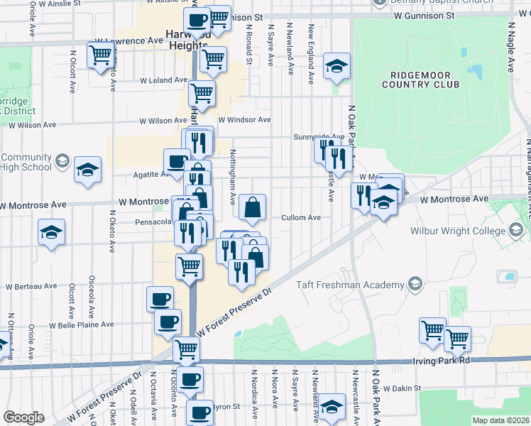 map of restaurants, bars, coffee shops, grocery stores, and more near 4305 North Sayre Avenue in Norridge