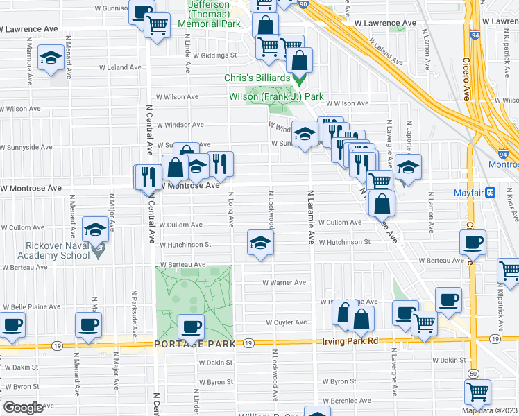 map of restaurants, bars, coffee shops, grocery stores, and more near 5317 West Pensacola Avenue in Chicago