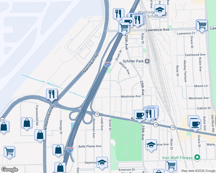 map of restaurants, bars, coffee shops, grocery stores, and more near 10004 Agatite Avenue in Schiller Park
