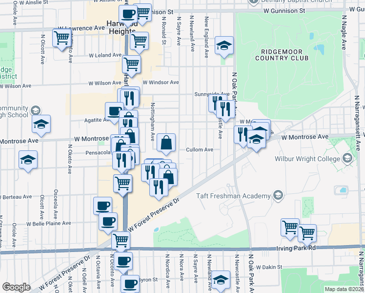 map of restaurants, bars, coffee shops, grocery stores, and more near 4305 North Sayre Avenue in Norridge