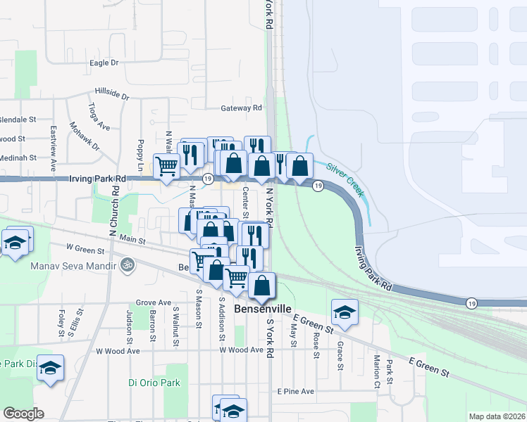 map of restaurants, bars, coffee shops, grocery stores, and more near in Bensenville
