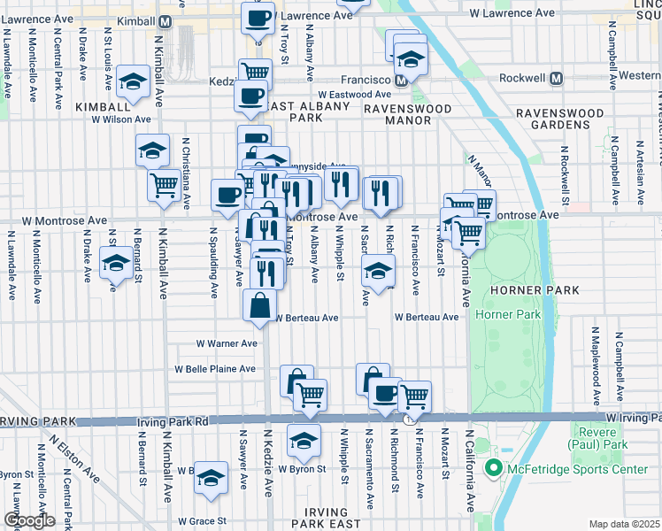 map of restaurants, bars, coffee shops, grocery stores, and more near 3038/3 West Cullom Avenue in Chicago