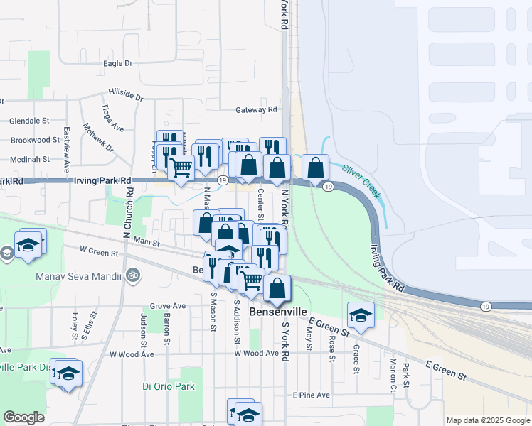 map of restaurants, bars, coffee shops, grocery stores, and more near 127 Center Street in Bensenville