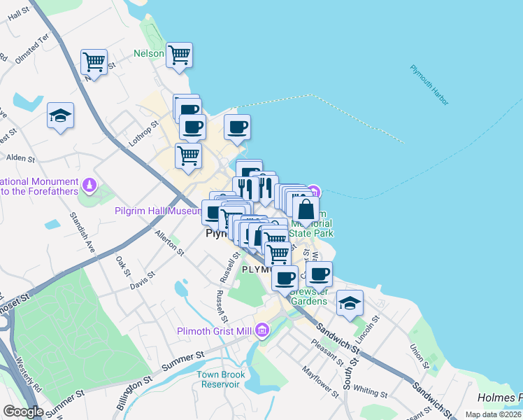 map of restaurants, bars, coffee shops, grocery stores, and more near 98 Water Street in Plymouth