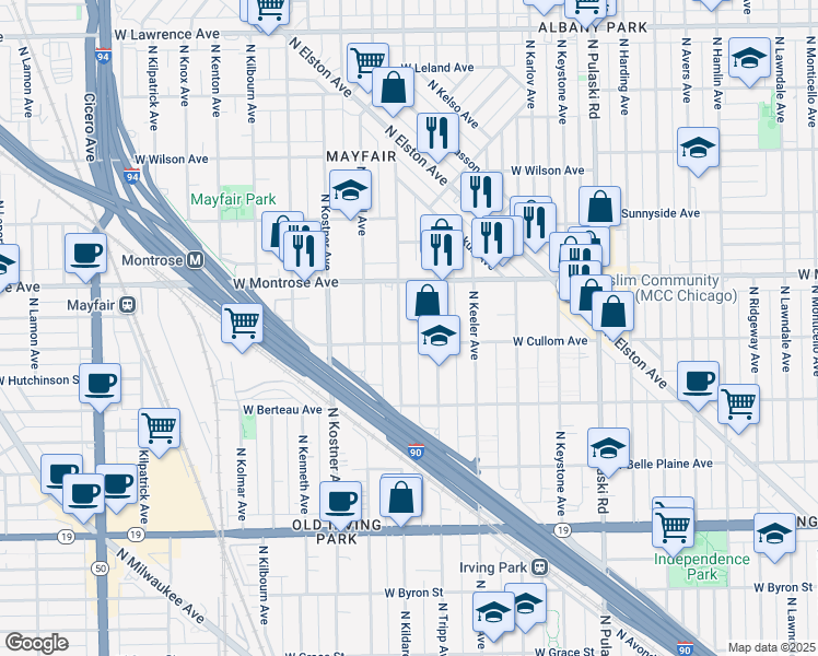 map of restaurants, bars, coffee shops, grocery stores, and more near 4315 North Kildare Avenue in Chicago