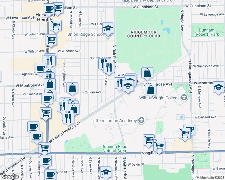 map of restaurants, bars, coffee shops, grocery stores, and more near 4334 North Oak Park Avenue in Chicago