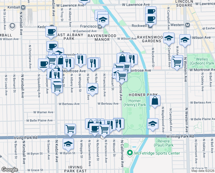 map of restaurants, bars, coffee shops, grocery stores, and more near 2856 West Cullom Avenue in Chicago