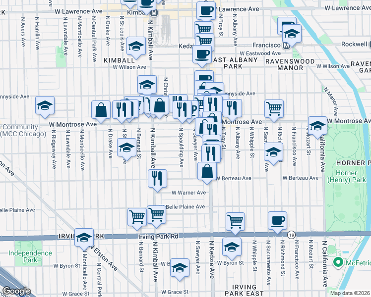 map of restaurants, bars, coffee shops, grocery stores, and more near 3252 West Cullom Avenue in Chicago