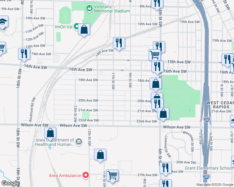 map of restaurants, bars, coffee shops, grocery stores, and more near 945 19th Avenue Southwest in Cedar Rapids
