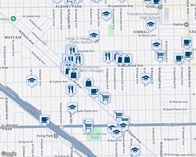 map of restaurants, bars, coffee shops, grocery stores, and more near 4308 North Hamlin Avenue in Chicago