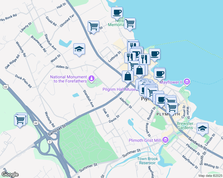 map of restaurants, bars, coffee shops, grocery stores, and more near 14 Cushman Street in Plymouth