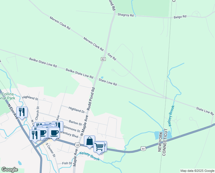 map of restaurants, bars, coffee shops, grocery stores, and more near 12 State Line Road in Millerton