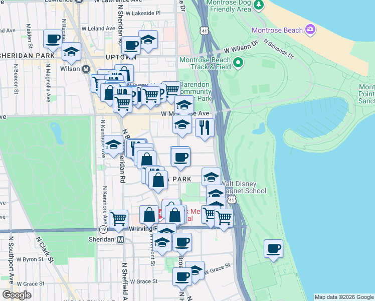 map of restaurants, bars, coffee shops, grocery stores, and more near 750 West Hutchinson Street in Chicago