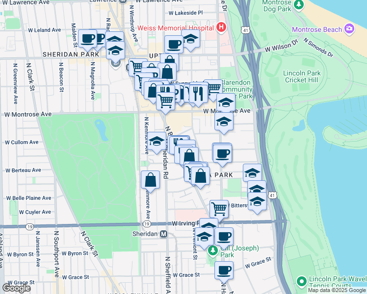 map of restaurants, bars, coffee shops, grocery stores, and more near 4244 North Hazel Street in Chicago