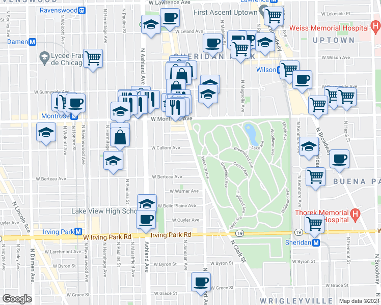 map of restaurants, bars, coffee shops, grocery stores, and more near 1441 West Cullom Avenue in Chicago