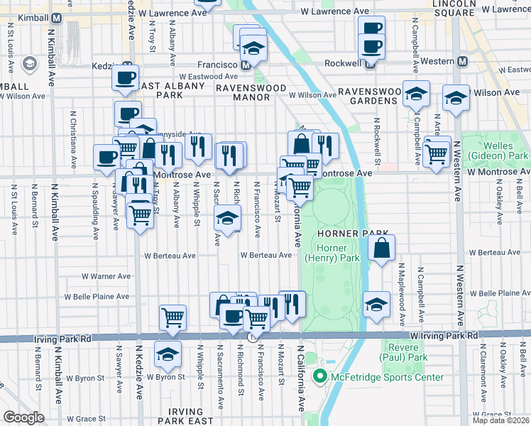 map of restaurants, bars, coffee shops, grocery stores, and more near 2856 West Cullom Avenue in Chicago