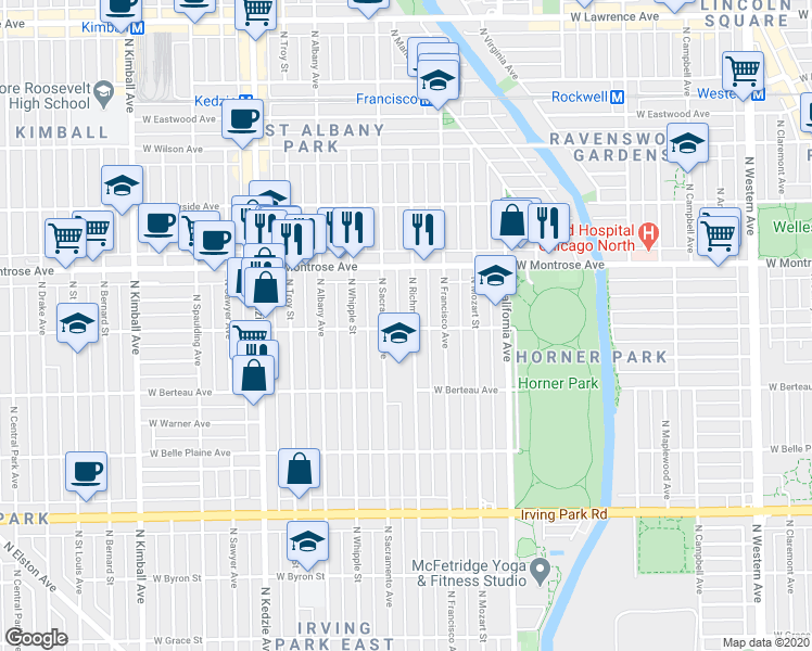 map of restaurants, bars, coffee shops, grocery stores, and more near 4305 North Richmond Street in Chicago