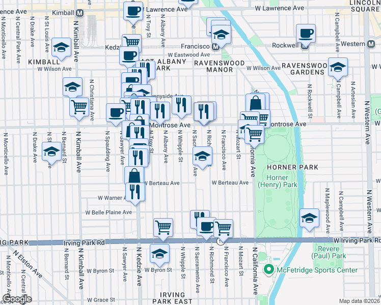 map of restaurants, bars, coffee shops, grocery stores, and more near 3000 West Cullom Avenue in Chicago