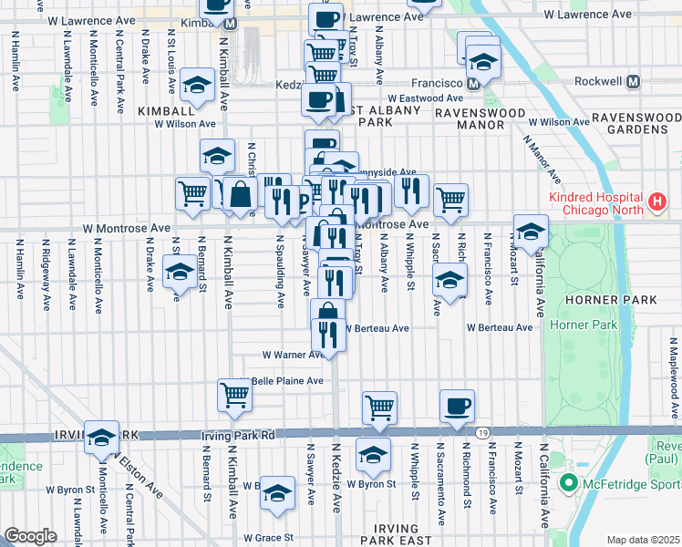 map of restaurants, bars, coffee shops, grocery stores, and more near 4301 North Kedzie Avenue in Chicago