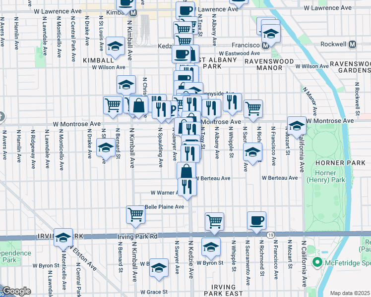 map of restaurants, bars, coffee shops, grocery stores, and more near 4301 North Kedzie Avenue in Chicago