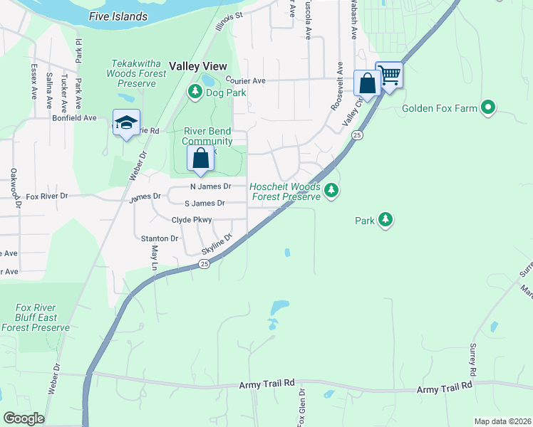 map of restaurants, bars, coffee shops, grocery stores, and more near 6N180 Illinois 25 in St. Charles