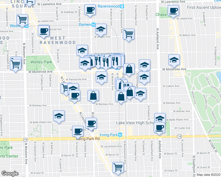 map of restaurants, bars, coffee shops, grocery stores, and more near 4256 North Wolcott Avenue in Chicago