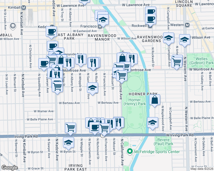 map of restaurants, bars, coffee shops, grocery stores, and more near 2856 West Cullom Avenue in Chicago