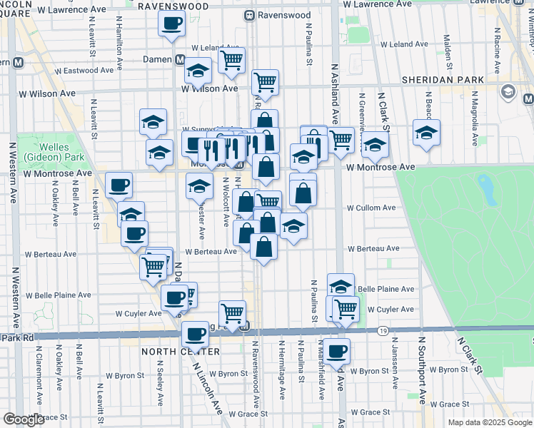 map of restaurants, bars, coffee shops, grocery stores, and more near 1771 West Cullom Avenue in Chicago