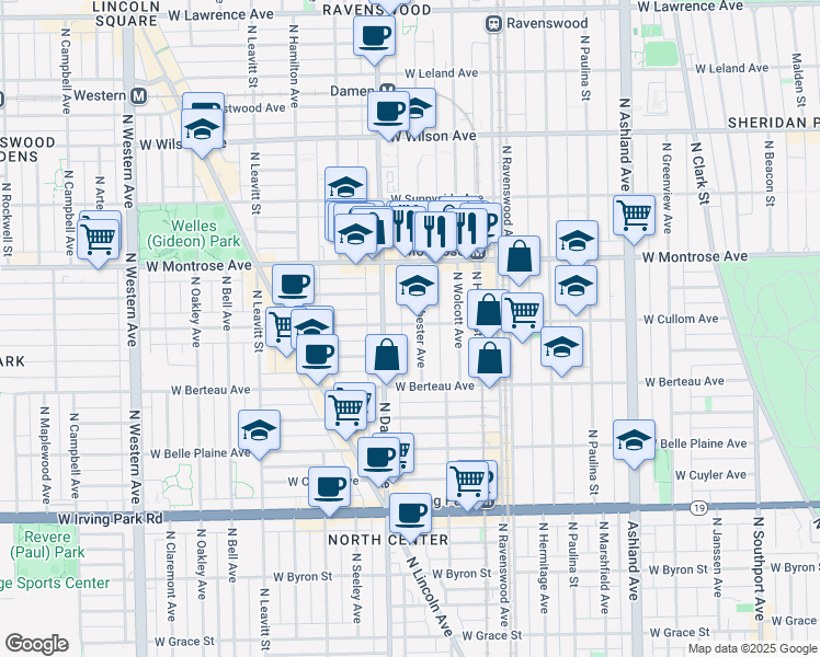 map of restaurants, bars, coffee shops, grocery stores, and more near 1951 West Cullom Avenue in Chicago