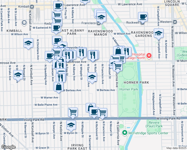 map of restaurants, bars, coffee shops, grocery stores, and more near 4300 North Richmond Street in Chicago