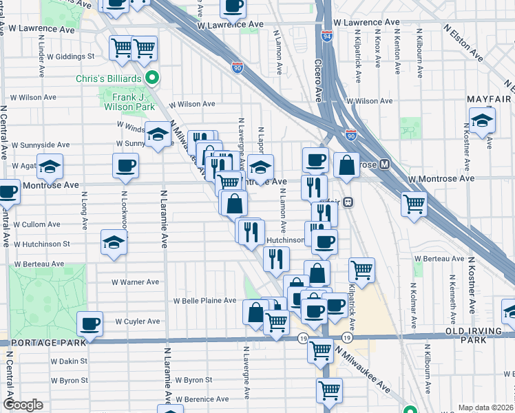 map of restaurants, bars, coffee shops, grocery stores, and more near 4941 West Pensacola Avenue in Chicago