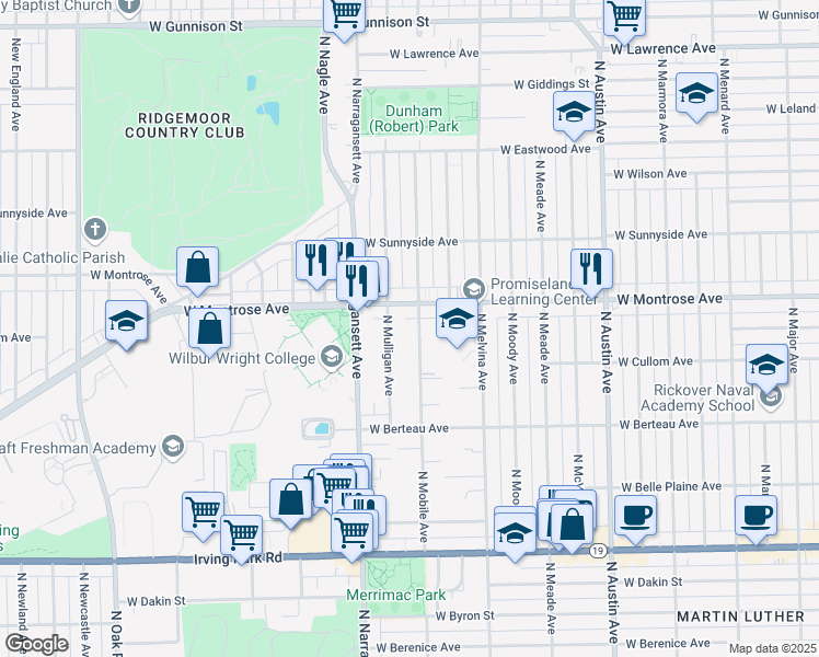 map of restaurants, bars, coffee shops, grocery stores, and more near 4334 North Mobile Avenue in Chicago