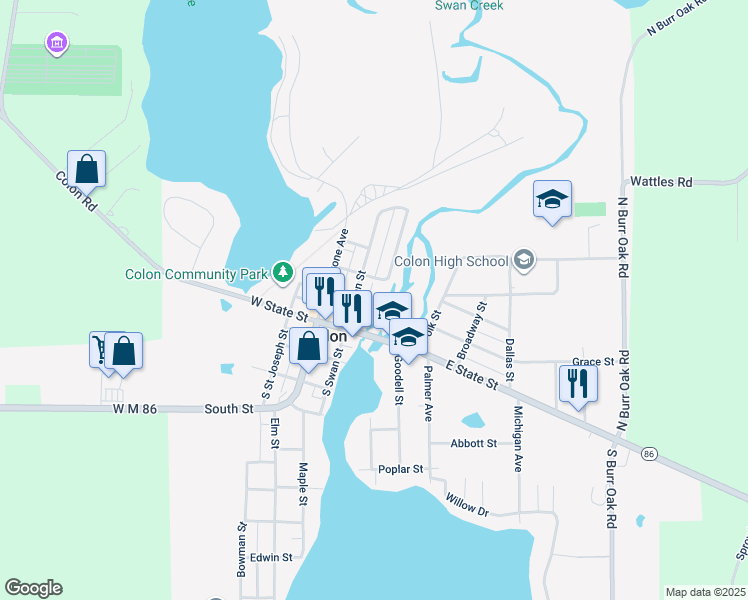 map of restaurants, bars, coffee shops, grocery stores, and more near 214 North Swan Street in Colon