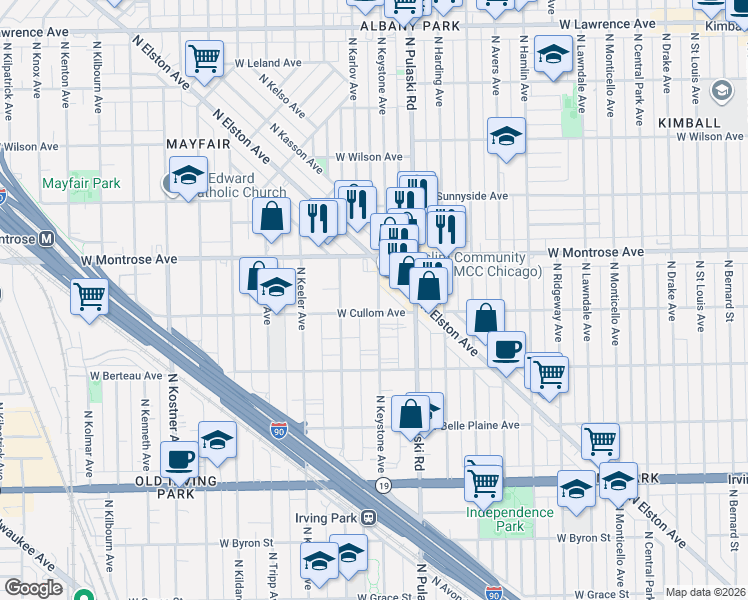 map of restaurants, bars, coffee shops, grocery stores, and more near 4312 North Keystone Avenue in Chicago